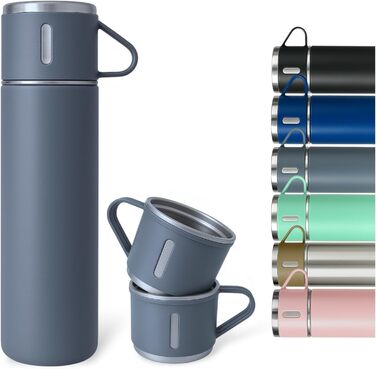 Термофляга 500 мл з нержавіючої сталі – 2 чашки з ручкою – не протікає, BPA-free – з щіткою для чищення – сірий колір