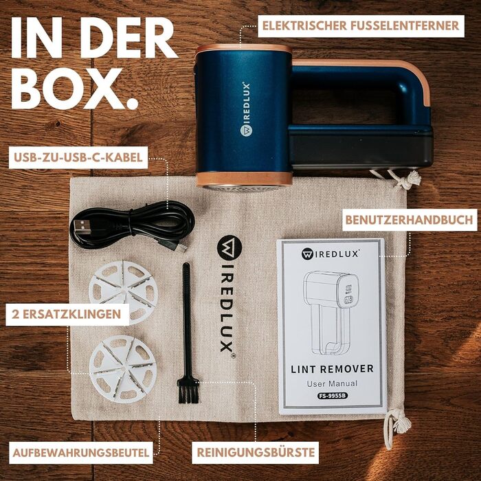 Електричний машинка для видалення катишків WiredLux для одягу та меблів, LED-підсвітка, 3 швидкості, 6-лезова, USB-зарядка, графітово-сірий/мідний, кобальтово-синій/мідний