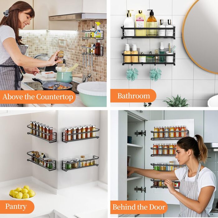 Стильна підставка для спецій на 4 відділення з металу, чорна, самоклеюча, без свердління, для кухонної шафи та дверей