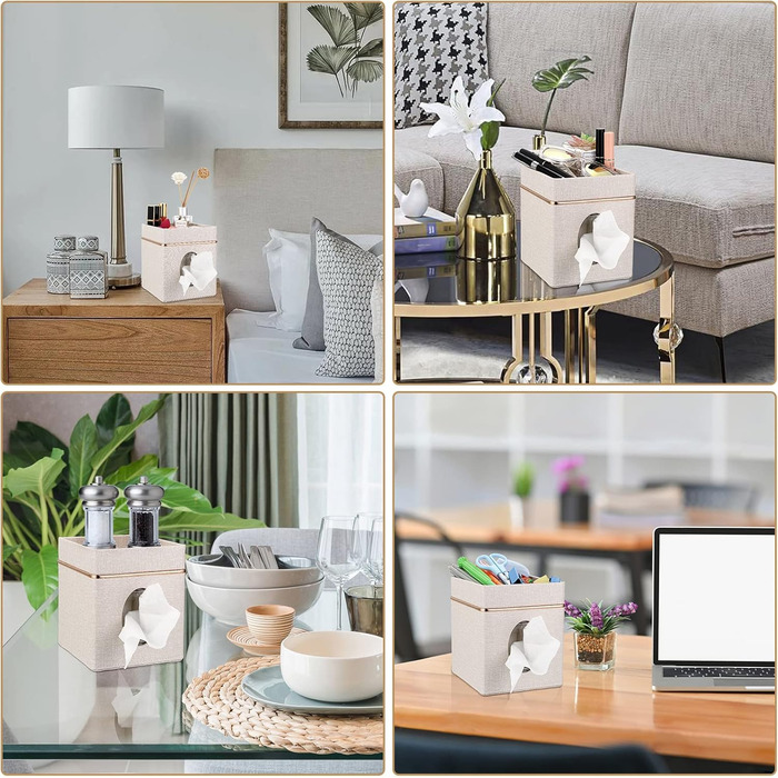 BTSKY Square Linen Tissue Box Holder with Top Shelf – Household Office Table Tissue Box with Jewelry Holder on Top, Beige