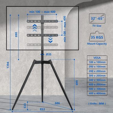 RFIVER Adjustable TV Stand with Swivel Base - Fits 32-65 Inch TVs (VESA 400x400mm, 35kg)
