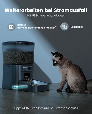Автомат годування котів Oneisall 3.5L з Wi-Fi, інтелектуальний диспенсер для корму з APP-керуванням, для котів та собак, з нержавійна чаша