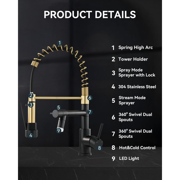 Кран кухонний LED Warmiehomy професійний, 360° поворотний, з двома виливами, високий вигин, спіральна пружина, для мийки, брашований нікель (чорний та золотий)