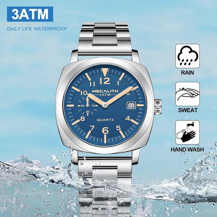 MEGALITH Годинник чоловічий Military, спортивний, Outdoor, водонепроникний з шкіряним ремінцем, сталевий корпус, велике циферблат, свідовий календар, аналоговий кварцовий годинник для чоловіків, дизайн (A-1 Срібло/Блакитний)