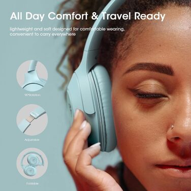 DOQAUS Бездротові Bluetooth навушники з мікрофоном, 70 годин роботи, Bluetooth 5.3, Over-Ear, 3 режими EQ, HiFi, складні, для (блакитний)