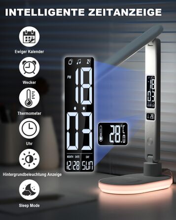 Настільна лампа CCHKFEI з регулюванням, годинником, LED-дисплеєм, бездротовим зарядним пристроєм 10W та USB-портом, 3 режими кольору, датчиком температури та RGB-підсвічуванням для читання, дому та офісу