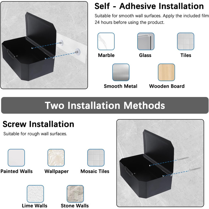 Тримач туалетного паперу Cozary без свердління з боксом для вологих серветок, чорний, нержавіюча сталь