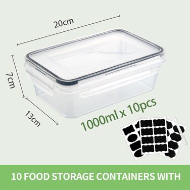 Набір контейнерів для зберігання їжі 10 шт. по 1 л, BPA-free, щільні, складені, для заморожування та Meal Prep, для кухні