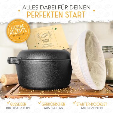 KRUSTENZAUBER 26cm Cast Iron Pot for Bread Baking incl. Proofing Basket - Robust Bread Baking Mold with Lid - Ideal Bread Pot, Bread Baking Pot, Bread Baking Set Cast Iron Pot for Baking Bread, Bread Baking Accessories, Bread Form 4.7l