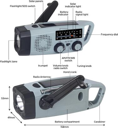 Радіо Kurbel з ручним заводом та сонячною панеллю, AM/FM/SW, 2000mAh, з SOS сигналом та ліхтариком - аварійне радіо для кемпінгу