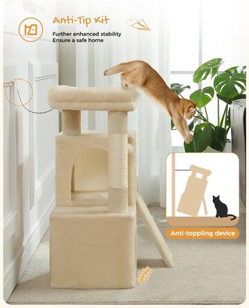 PETEPELA Scratching Post with Dual Condos for Apartment Cats, All-in-One Cat House with Padded Perch, Scratch Ramp and Post, and Replaceable Balls Beige