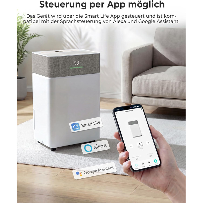 Осушувач повітря Airfish 30 л/добу, Smart WiFi, резервуар 5.5 л, авторозморожування, таймер на 24 години, 2 режими обдуву, для ванної, спальні та вітальні