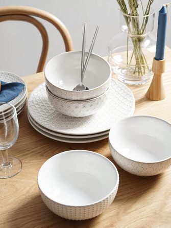 Набір посуду LE TAUCI: 12 елементів (4 сервізи) – тарілки, десертні тарілки, миски, білий колір, для миття в посудомийній машині