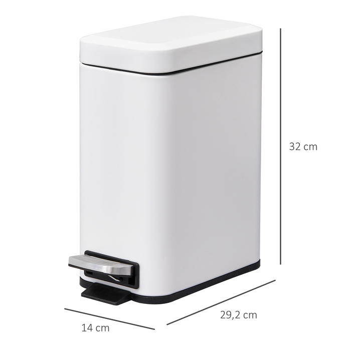 HOMCOM 5L Step Trash Can, Cosmetic Can, Waste Bin with Lid and Foot Pedal, Trash Container with Inner Bucket, Bathroom Trash Can for Living Room, Office, Metal, White, 29.2 x 14 x 32 cm | Aosom