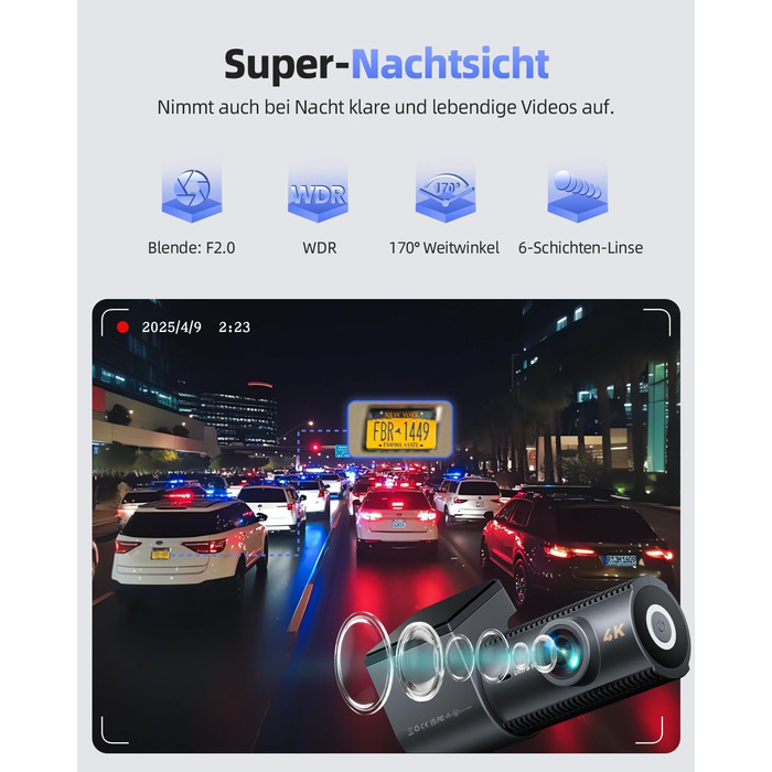 CIEVIE Автомобільна відеореєстратор 4K з GPS, WiFi, Dual, IPS 1.5″, 64GB SD, 170° та G-Sensor, WDR, Нічне бачення, Loop-запис, підтримка до 256GB