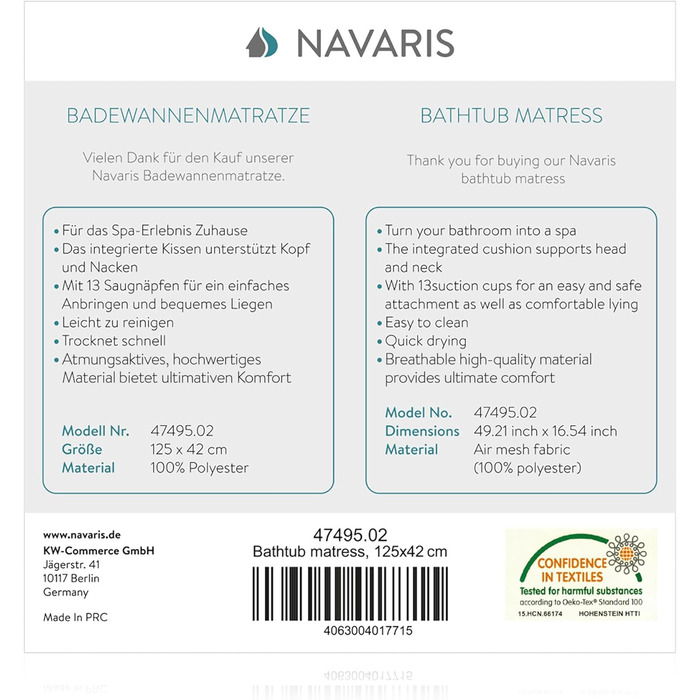 Navaris Full-Body Bath Mat with Pillow - 125x42cm Bath Mat for Bathtub, Bathtub Pillow, Soft Bath Insert - Mesh Mat in White