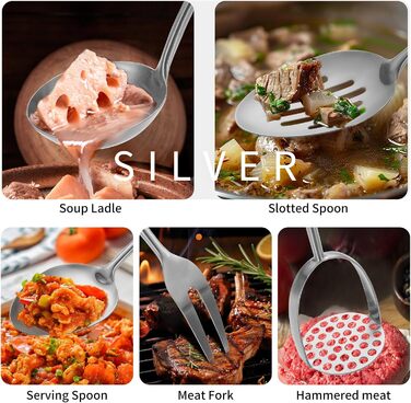 Набір кухонних аксесуарів з нержавіючої сталі 304, 12 предметів. Комплект кухонного начиння з лопаткою, половником, ложками, шумівкою, лопаткою для перевертання, щипцями (сріблястий, придатний для миття в посудомийній машині)