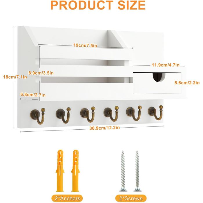 Дерев'яне ключниця з полицею та шухлядою, 6 гачків, для прихожей, офісу, на стіну (білий)