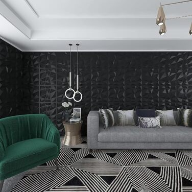 3D панелі для стін та стелі ПВХ чорні, декоративні стінові панелі для геймерської зони, вітальні та спальні, 12 шт.