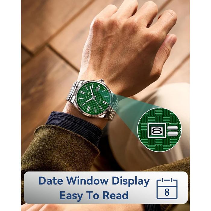 Чоловічий годинник CIVO з нержавіючої сталі: аналоговий бізнес-годинник з датою, що світиться - водонепроникний для роботи та відпочинку - стильний подарунок для чоловіків (сріблястий, зелений)