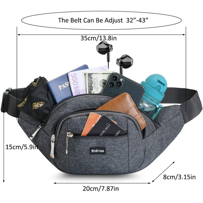 Водонепроникна поясна сумка на пояс для жінок та чоловіків, 3 кишені на блискавці, для піших прогулянок, відпочинку на природі, спорту, подорожей, гаманець (Сірий)