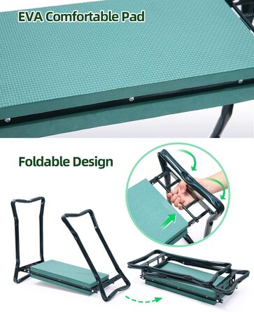 Ohuhu Kneeling Pad for Gardening, Knee Cushion, Folding Garden Stool up to 150 kg, 2-in-1 EVA Foam Cushion Garden Stool with 2 Tool Pockets, Knee Support for Gardening, Garden Bench 60x50x27 cm Green