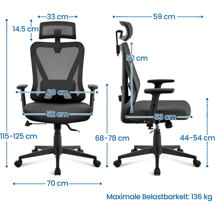 Офісне крісло Yaheetech ергономічне, регульована спинка, підголівник, підлокітники, поперекова підтримка, поворотне, регулювання нахилу 90°-130°, чорне