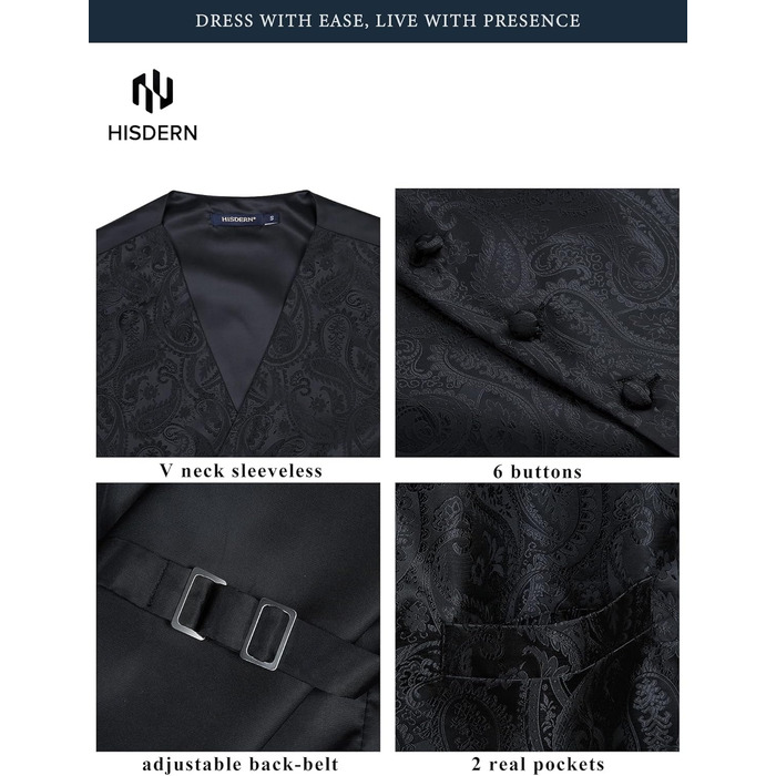 Чоловічий жилет та краватка Hisdern для весілля, жакардовий костюмний комплект, чорний, розмір XL