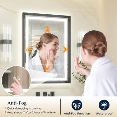 Дзеркало для ванної кімнати Keonjinn з підсвічуванням, чорний металевий каркас 60x80 см, антизапітніння, LED, сенсорне управління, 3 кольори світла, регулювання яскравості, функція пам'яті, настінне дзеркало