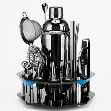 Набір для коктейлів 21 предмет | Набір шейкерів для коктейлів з обертовим підставкою | Шейкер з міцної нержавіючої сталі з аксесуарами | У комплекті стильна чорна подарункова коробка | Барний набір (Чорний)