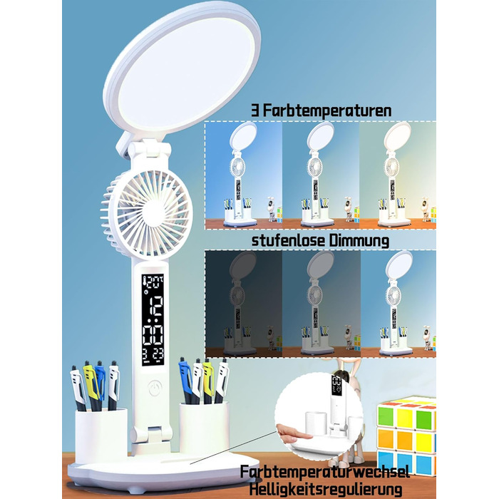LED-лампа настільна з вентилятором для дітей WLHONG з годинником, тримачем для ручок, календарем та датчиком температури, 3 режими температури кольору, кругла