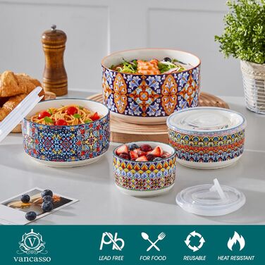 Набір супових та салатних мисок Vancasso (4 шт.) з кришкою, кераміка, 300/600/1080/1800 мл - для обіду, пікніка, кухні