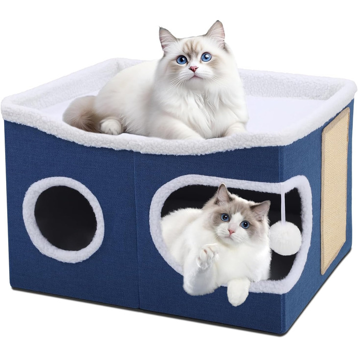 Шика Катценхаус: Розкладна котяча кімната для великих котів, 40x40x63 см, котячий куб, роздільна на 2 кімнати з хованкою, ліжко для котів з когтеточкою та іграшкою (Великий, Синій)