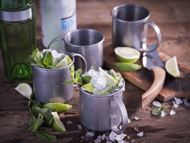 Moscow Mule 2 x 500 ml Cocktail Glasses, 27 cm Bar Spoon, 5cl Jigger & Black Lime Squeezer, Food-Grade, Cocktail Glass Set including Gift Box, (Antique Stainless Steel, 4 Piece (1 Pack))