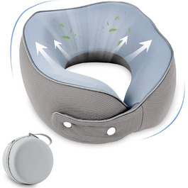 Travel Memory Foam Neck Pillow with Storage Box - Orthopedic Support for Airplane, Car, Train - Gray