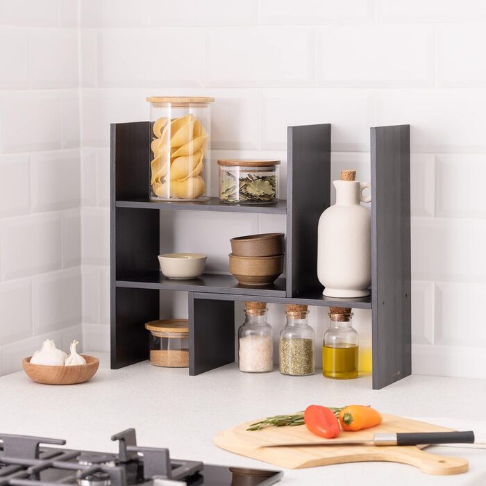 Navaris Acacia Desk Organizer 64x15.5x40 - Desk Shelf Organization System Adjustable - Corner Shelf for Kitchen Office Bathroom Shelf Attachment - Natural (Black)