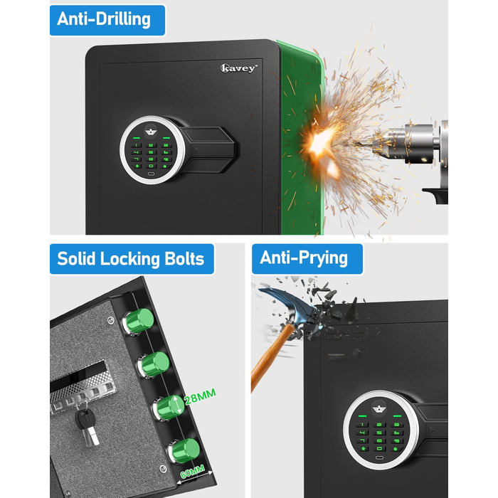 Сейф Kavey 42L з цифровим замком та подвійним сигналом тривоги, з LED-підсвіткою та висувним ящиком