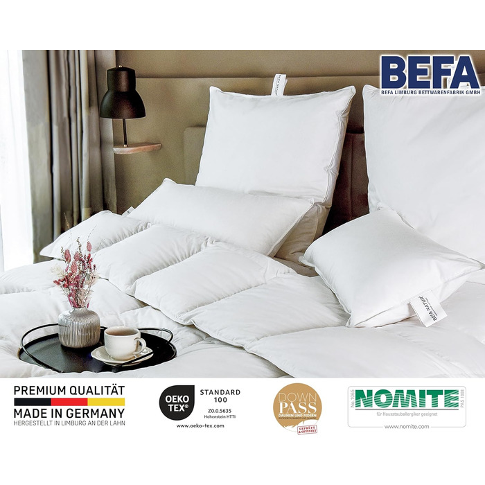 Подушка BEFA NATUR 80x80 см, 3-камерна, 90% пух, 10% перо, для алергіків, сертифікована Öko-Tex, Made in Germany