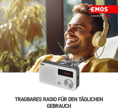 Портативне радіо EMOS з MP3-плеєром та акумулятором, FM радіоприймач, USB-C, Micro SD, білий/сірий