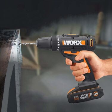 WORX WX101.9 Акумуляторний дриль-шурупокрут 20V – потужний інструмент для свердління та закручування шурупів – 2 швидкості та 15+1 ступенів регулювання крутного моменту – з LED-підсвічуванням (10 мм патрон, 30 Нм, з 2 акумуляторами та зарядним пристроєм)