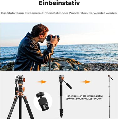 Штатив для камери K&F Concept T254A7+BH-28L, 231 см, професійний, з рідинною головкою