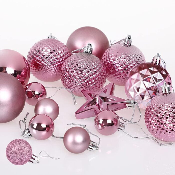 DEUBA® Новорічні кулі 66 шт. Ø 3-6 см, пластик, матові/глянцеві, прикраси для ялинки, новорічний декор (Рожевий)