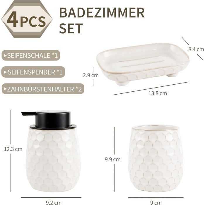 Набір для ванної кімнати: органайзер з кераміки (4 шт.) - дозатор мила 400 мл, стакан для зубної щітки, мильниця, декор преміум-якість (бежевий)