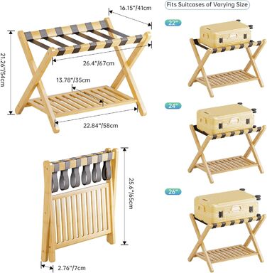 SMIBUY Luggage Rack, Foldable Bamboo Suitcase Stand with Storage Compartments for Guest Rooms, Bedrooms, Hotels, Heavy Duty (Natural Color)