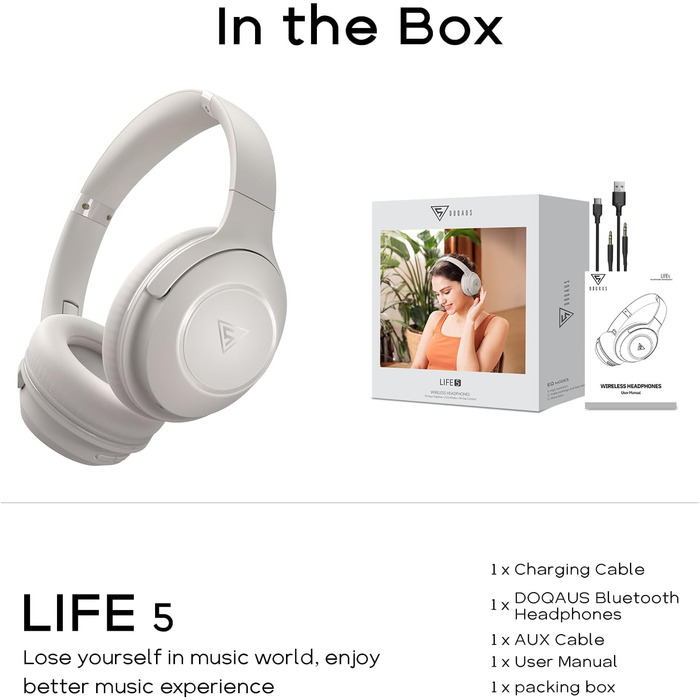 DOQAUS Бездротові Bluetooth навушники Over-Ear з мікрофоном, 70 годин роботи, Bluetooth 5.3, 3 режими EQ, HiFi Stereo, складні, сірий колір