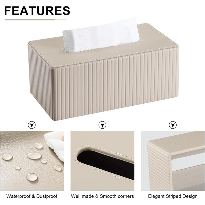 KINGFOM Скляниця для серветок прямокутна, з PU шкіри, бежева - для вітальні, ванної кімнати та офісу