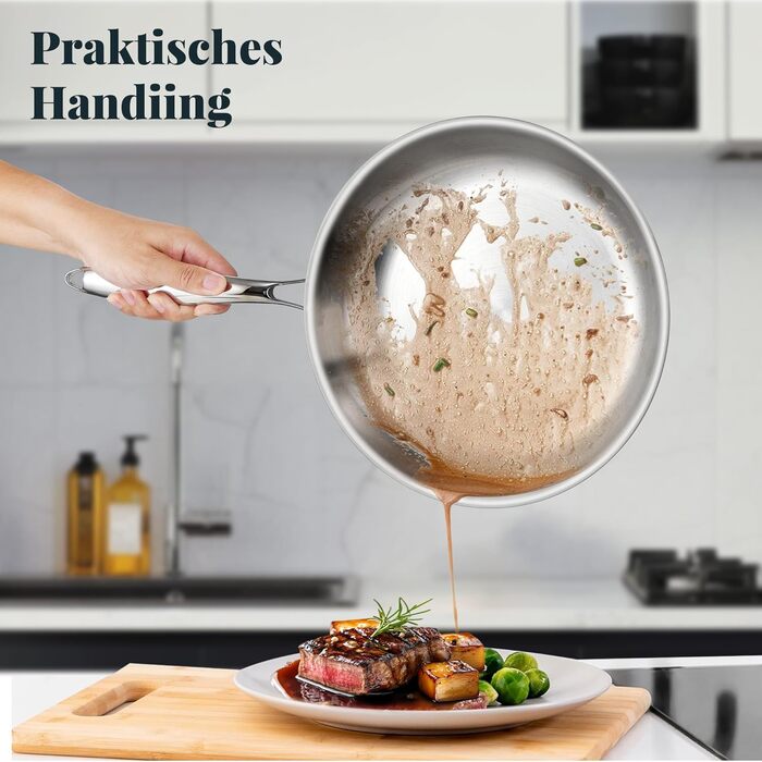 Сковорода Deedro 28 см, індукційна, нержавіюча сталь, без покриття, для всіх типів плит, знімний ручка, можна використовувати в духовці та мити в посудомийній машині