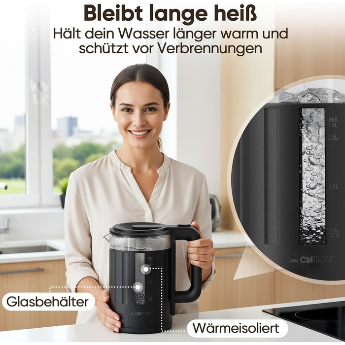 Електричний чайник Clatronic WK 3837: 1,7 л, скло, BPA Free, з підсвічуванням, для дому