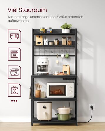 Стелаж кухонний VASAGLE з розетками, для мікрохвильової печі, з решіткою, 14 гачків, 40 x 80 x 170 см, антрацит-чорний