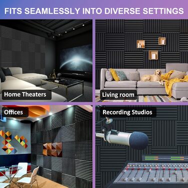 Акустичні пірамідні панелі JBER для звукоізоляції студії, вогнестійкий шумопоглинаючий поролон (12 шт), 30х30х2.5 см, чорний